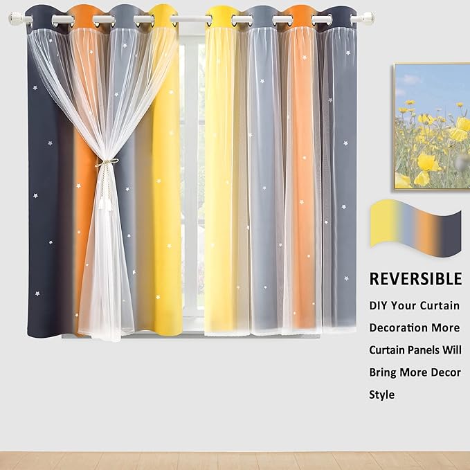 Kinryb Nursery/Kids/Girls Room Star Cut Out Blackout Rainbow Curtain with Sheer Overlay 2 Panels, Each 52 inch Wide,45 inch Length with White Gauze,Ombre Stripe Rainbow Curtains (2 Panels,52x45 Inch)