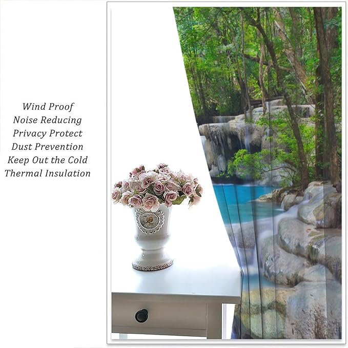 Forest Waterfall Blackout Curtains, Spring Nature Theme Natural Scenery Mountain Scenery Rod Pocket Window Drapes, for Bedroom Living Room 42" W X 45" L