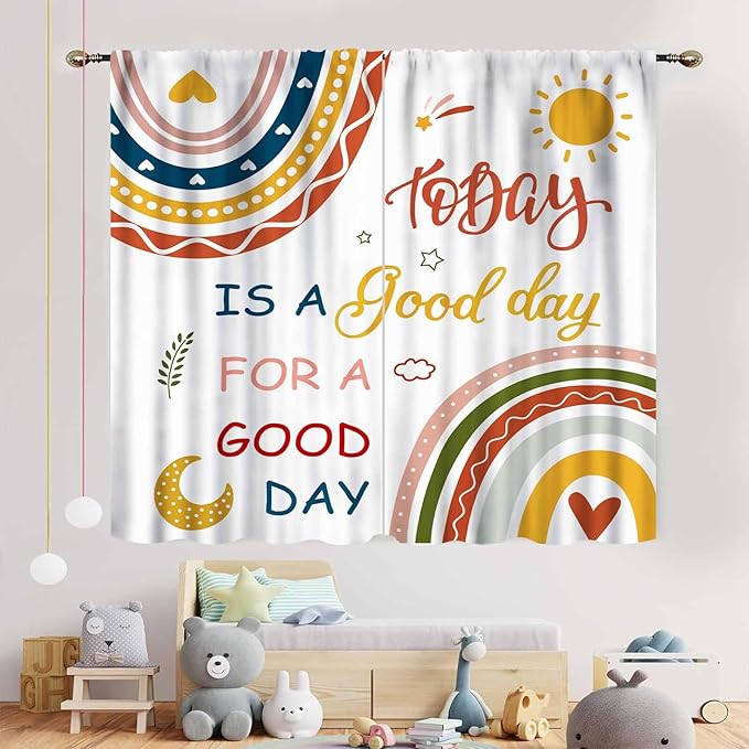 Rainbow Curtains for Classroom, Kids Girls Baby Boho Cute Inspirational Motivational Quotes Cartoon Colorful Pastel Nursery Classroom Bedroom Living Room Bathroom Window Drapes 2 Panels, 42"x54" Inch