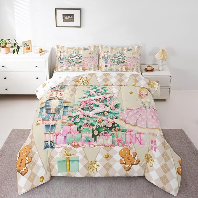 jejeloiu Christmas Nutcracker Comforter Set Toddler Size Gingerbread Man Bedding Set for Kids Boys Girls Xmas Tree Duvet Quilt Beige Bedroom Decor