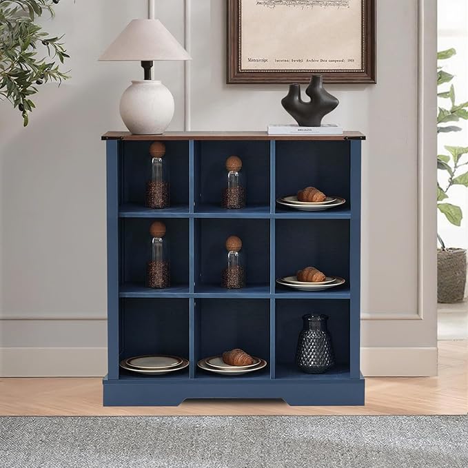9 Cube Storage Organizer, 3 Tier Book Shelf with Led Lights, Farmhouse Book Shelves for Living Room, Horizontal Toy Storage Bookshelf, Wood Display Bookcase Cabinet for Bedroom, Office, Blue