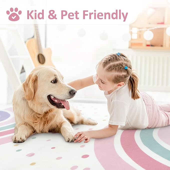 STARUIA 5x7 Washable Rainbow Rug for Kids Room Nursery, Soft Polka Dot Pink Rug for Bedroom Girls, Non-Slip Large Carpet Kids Area Rug for Playroon Princess Castle