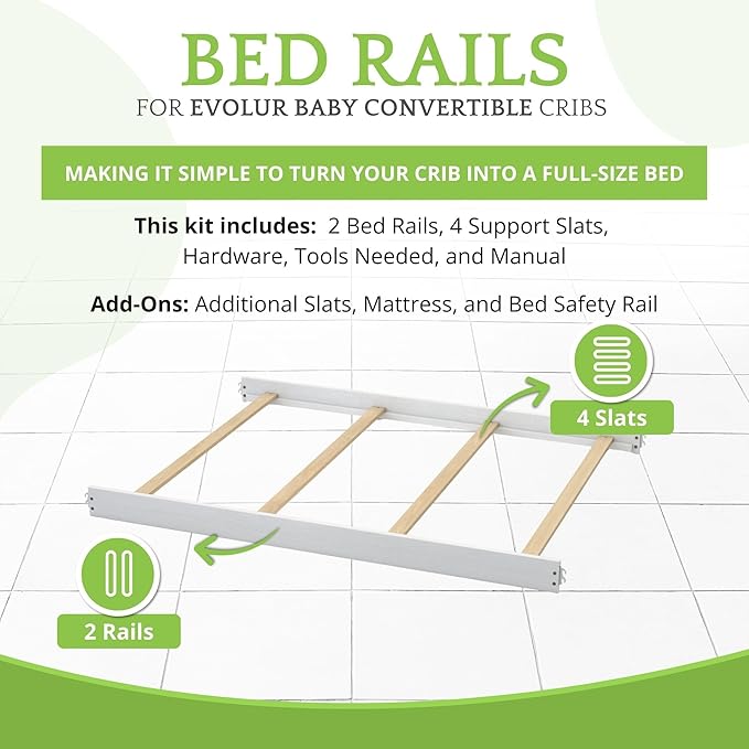 Full-Size Conversion Kit Bed Rails for Evolur Cribs - Solid Wood Crib Convertible Kit to Kids Bed - Transitional Style Rails & Easy-to-Install Child Essentials for Safety (Pearl Shimmer White)