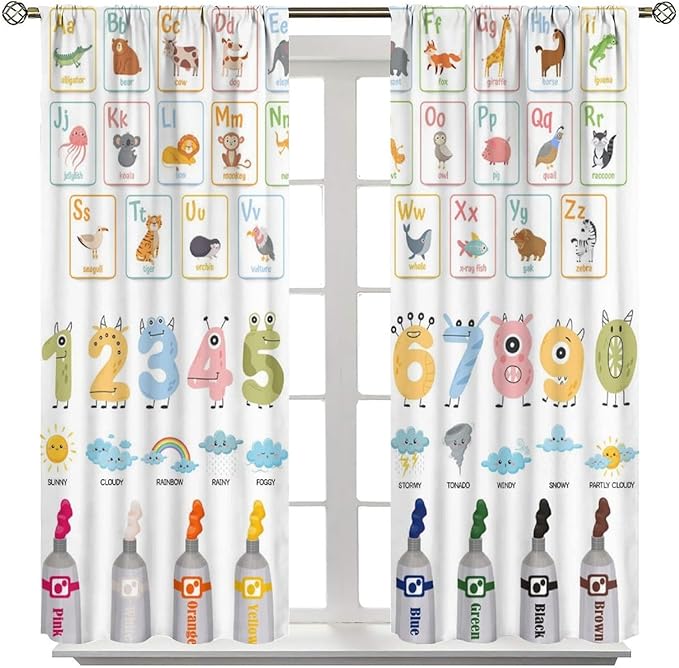 Alphabet Learning Curtain for Kids, Colorful Cartoon Animal Multiplication Table Educational, Classroom Child Printed Rod Pocket Blackout Window Drapes for Bedroom Living Room 84" W X 84" L
