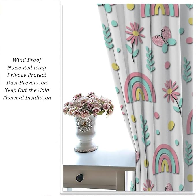 Kids Rainbow Curtains Boho Cartoon Colorful Stars Love Heart Lovely Abstract Art Pattern Print Window Drapes for Girl Bedroom Living Room Kitchen Decor,2 Panel Set,72Wx63H Inch Blackout