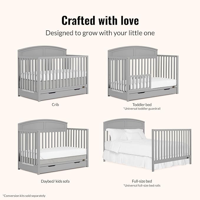 Dream On Me Storybrooke 5-in-1 Convertible Full-Size Crib with Under Drawer, Pebble Grey, GreenGuard Gold & JPMA, Convert to Toddler, Day & Full-Size Bed, 3 Mattress Heights, Sustainable Pinewood