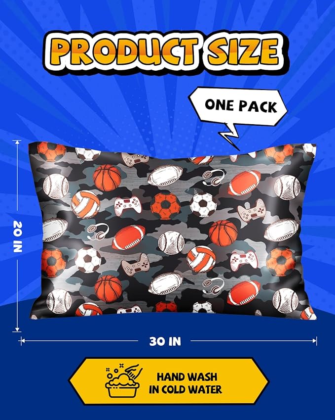 Silk Pillowcase for Kids - 30 x 20 Inches Queen Size Mulberry Silk Pillow Case with Zipper Cute Cartoon Kawaii Teens Girls Boys Pillowcase for Hair and Skin, Sports Elements