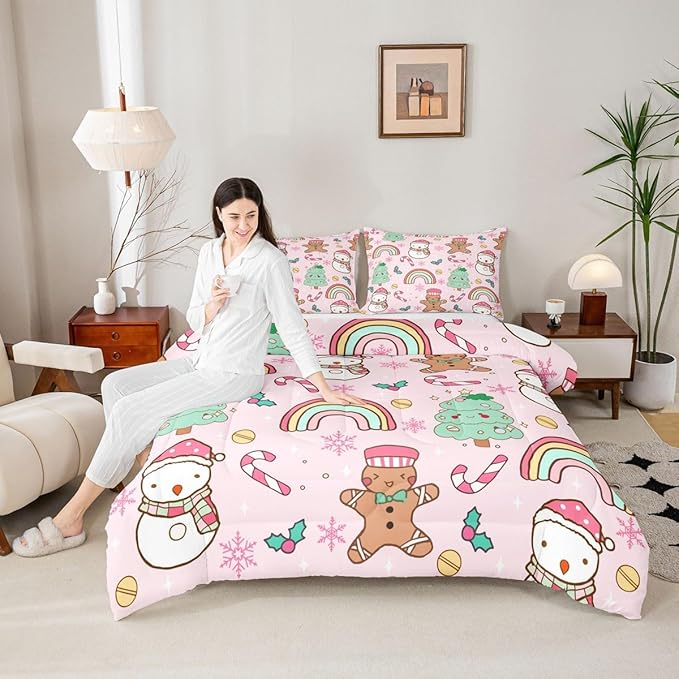 Feelyou Christmas Kids Comforter Set Queen Size Merry Christmas Tree and Snowman Bedding Set Gingerbread Man Duvet Quilt for Kids Boys Girls Bedroom Rainbow Print Decor Snowflake Soft Breathable