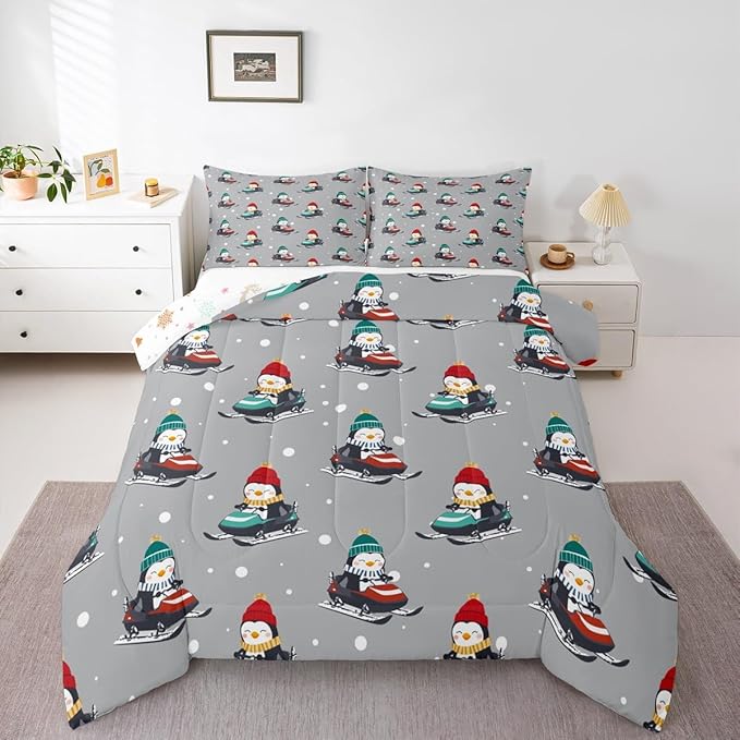 Feelyou Christmas Comforter Set All Season Gray Penguin Bedding Set with 1 Pillow Cases Cartoon Penguin Skiing Microfiber Kids Toddler Bedclothes Snowflake Bedroom Decor Duvet Quilt Breathable Soft