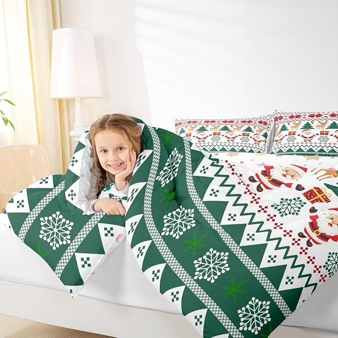 Feelyou Merry Christmas Kids Comforter Set King Size Santa Claus Bedding Set Cute Deer Duvet Quilt for Kids Boys Girls Bedroom Snowflake Decor Microfiber Ultra Soft Breathable