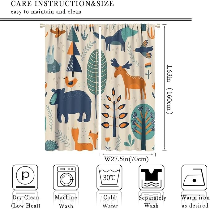 Kids Forest Animal Curtains, Rustic Cartoon Cute Wild Animal Window Treatments Woodland Safari Animal Fox Deer Bear Window Drapes for Girls Boys Nursery Toddler Bedroom 55x63in