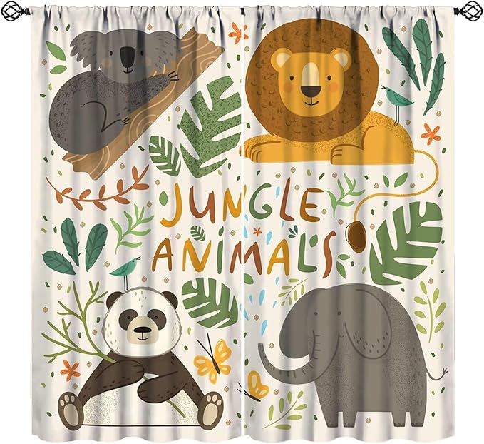 Jungle Animals Curtains Colorful Cute Cartoon Forest Animal Lion Elephant Koala Panda Leaves Kids Bedroom Nursery Bathroom Decor Rod Pocket Blackout 2 Panels 63x72in