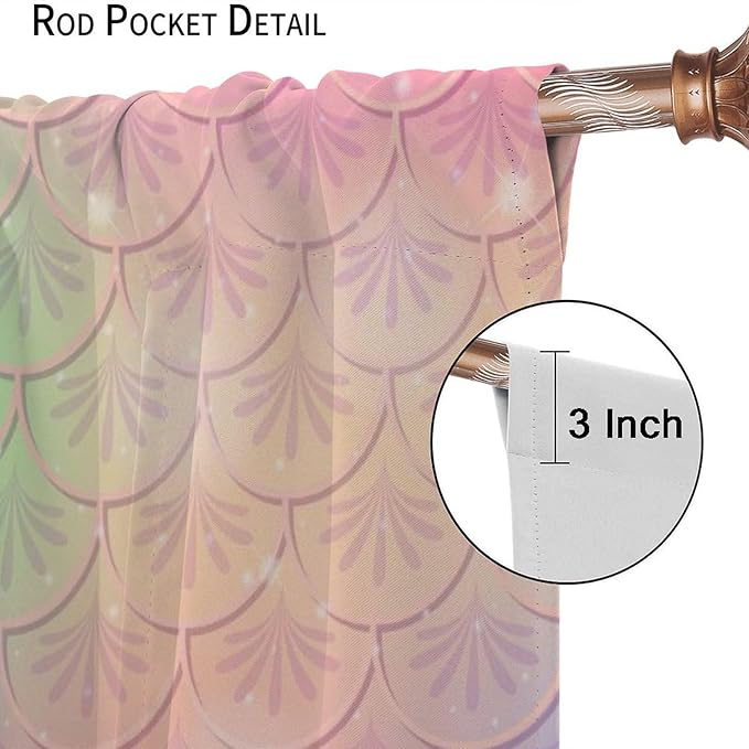 Mermaid Curtains, Kids Cartoon Watercolor Sea Animals Mermaid Princess Scales Pattern Print Living Room Decoration for Kids Girls Bedroom Nursery 55x63 Inch