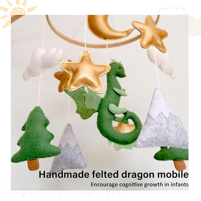 Dragon Baby Mobile, Forest Mobile for Crib, Crib Mobile for Boys and Girls, Nursery Mobile for Bassinet, Pack and Play, Moon, Green Dragon, Cloud, Star, Mountain, Tree