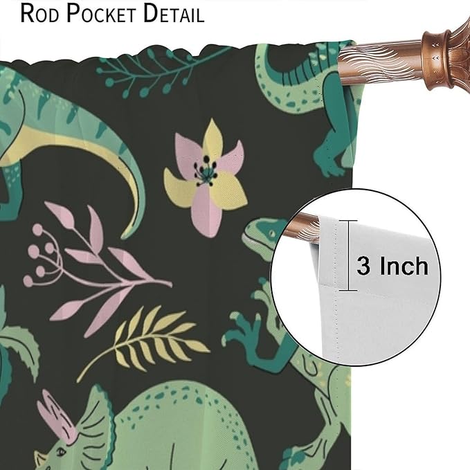 Dinosaurs Blackout Curtains Cartoon Cute Funny Dino Tropical Jungle Green Art Print for Kids Boys Bedroom Living Room Rod Pocket Decoration Window Drapes 2 Panels W31.5xL63in
