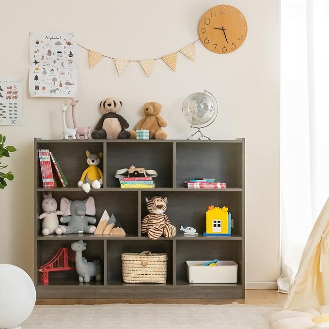 Costzon 3-Shelf Bookcase for Kids, Wooden Toy Storage Organizer for Books Toys, 8-Section Freestanding Classroom Daycare Montessori Bookshelf for Preschool, Home Playroom & Kindergarten (Grey)