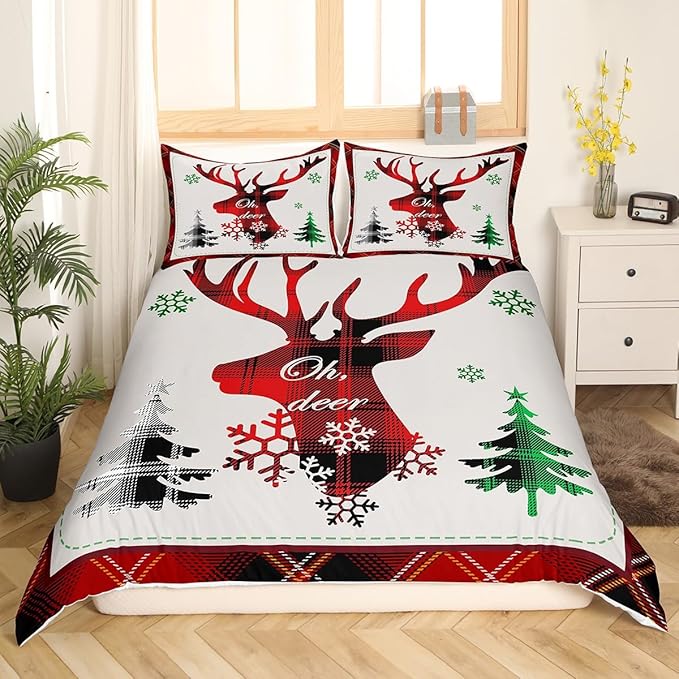 Manfei Xmas Deer Duvet Cover Set Full Size, Christmas Tree Snowflake Print Comforter Cover with 2 Pillowcases, New Year Theme Bedding Set 3pcs for Kids Boys Girls Bedroom Decor,No Comforter