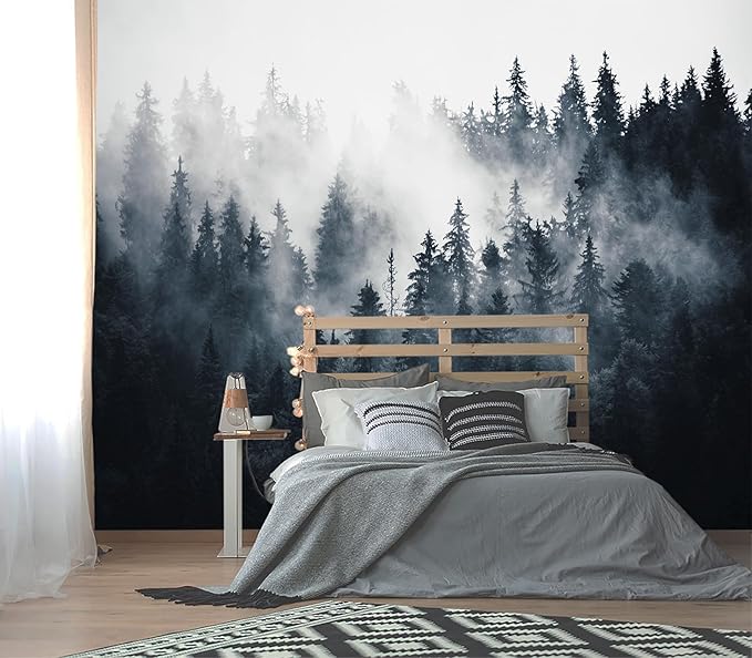 XMPMBM-Misty Forest Fabric Wallpaper Pine Forest Living Room Bedroom Bathroom Wall Mural-W 132" X H 92"（93 Square Foot）