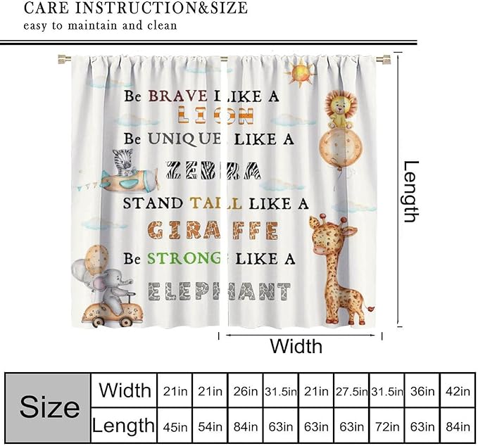Cartoon Animals Curtains, Cute Jungle Animal Zebra Elephant Lion Giraffe Window Treatments, Rod Pocket Thermal Insulated Drapes 2 Panel Sets for Kids Bedroom Nursery Classroom, 42"W X 45"L【Decor】