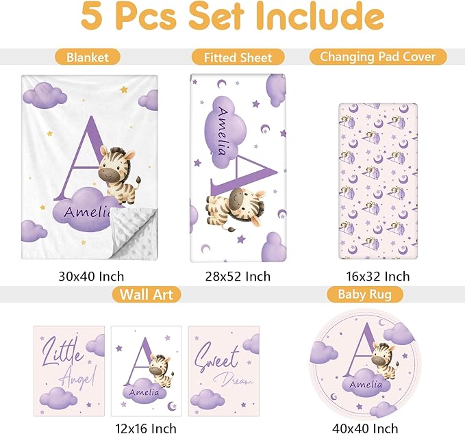Personalized Baby Crib Bedding Set, 5 Pcs Custom Name Nursery Bedding Set, Purple Zebra Baby Bedding Set for Boys Girls, Double Layer Crib Sets, Customized Gifts for Infant Toddler New Parents