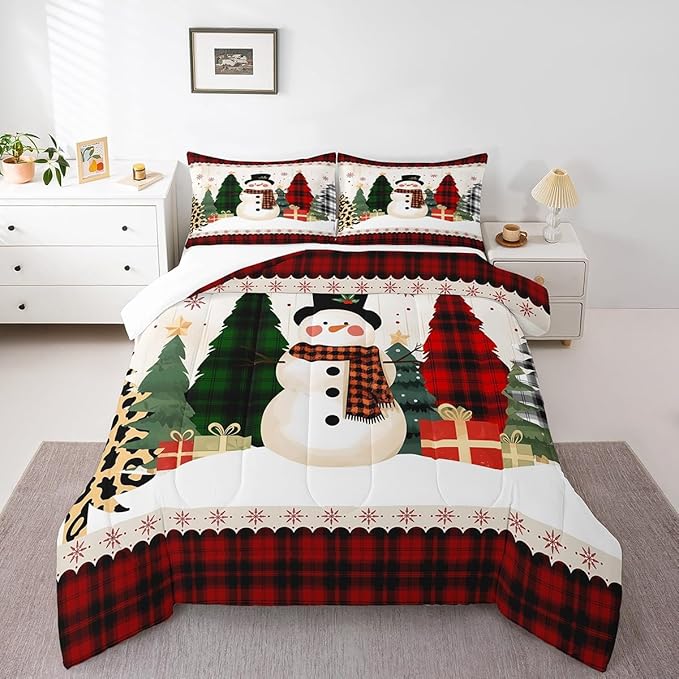 Manfei Snowman Comforter Set King Size, Xmas Leopard Plaid Trees Snowflake Down Comforter with 2 Pillowcases, Christmas Theme Bedding Set 3pcs for Kids Girl Bedroom Decor New Year Duvet Insert
