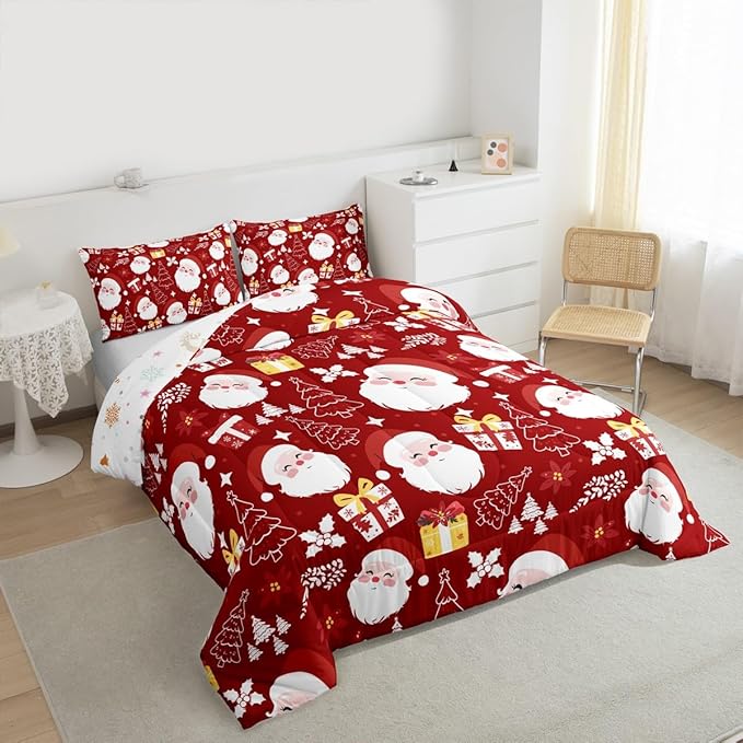 jejeloiu Santa Claus Comforter Set Toddler Size Merry Christmas Bedding Set for Kids Boys Girls Xmas Themed Duvet Quilt Red Bedroom Decor
