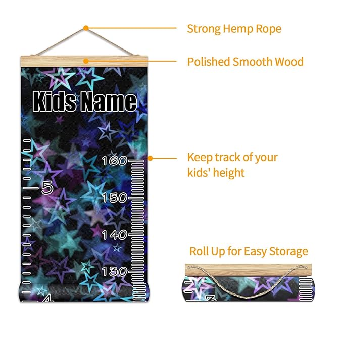 Personalized Kids Name Growth Chart Ruler for Wall Wood Frame Height Measure Chart 13.4x56 in Linen Hanging Height Growth Chart Stars Blue Pink Kids Room Decor