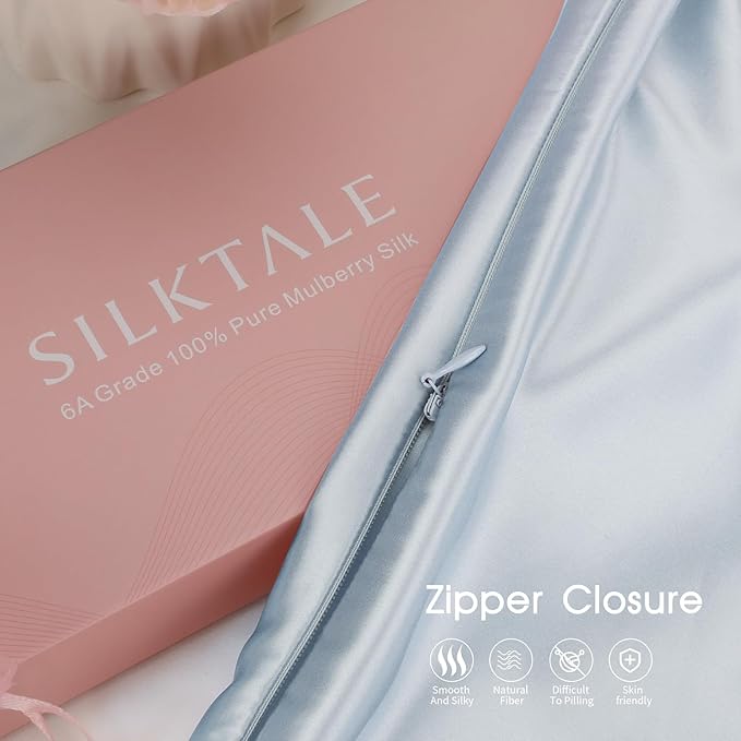 100% Mulberry Silk Pillowcase with Hidden Zipper,Both Sides Pure Silk Breathable Pillow Case for Hair and Skin,19 Momme Grade 6A,1pc,Light Blue,Queen Size 20x30 Inches