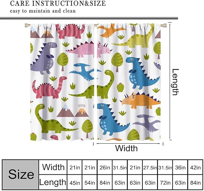 Dino Curtains, Cartoon Style Colorful Dinosaurs Pattern Blackout Window Treatments, Rod Pocket Thermal Insulated Drapes 2 Panel Sets for Kids Bedroom Nursery Classroom, 63" W X 72" L