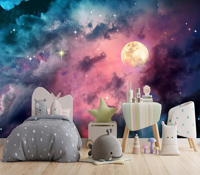 XMPMBM-Starry Sky Clouds The Moon backsplash Large Decorative Geometrical Wallpaper Bedroom Bathroom Wall Mural- W 132" X H 92"（93 Square Foot）