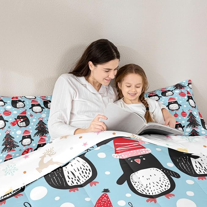 Feelyou Christmas Comforter Set All Season Penguin Bedding Set with 2 Pillow Cases Xmas Tree Microfiber Kids Queen Bedclothes Christmas Balls Bedroom Decor Duvet Quilt Breathable Soft Lightweight
