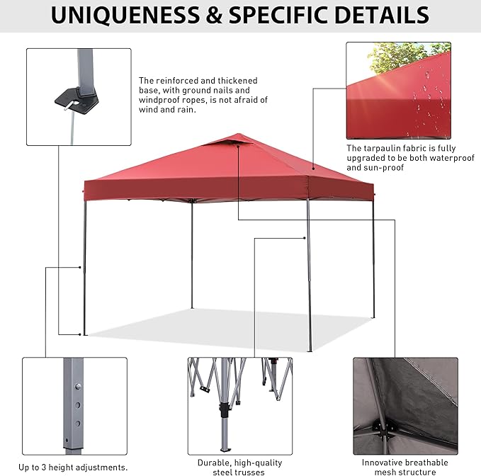 GDY 10x10 Pop Up Canopy Tent, Easy Set up Outdoor Silver Coated Beach Gazebos, Carpas for Pool, Events, Parties, and Camping, Red