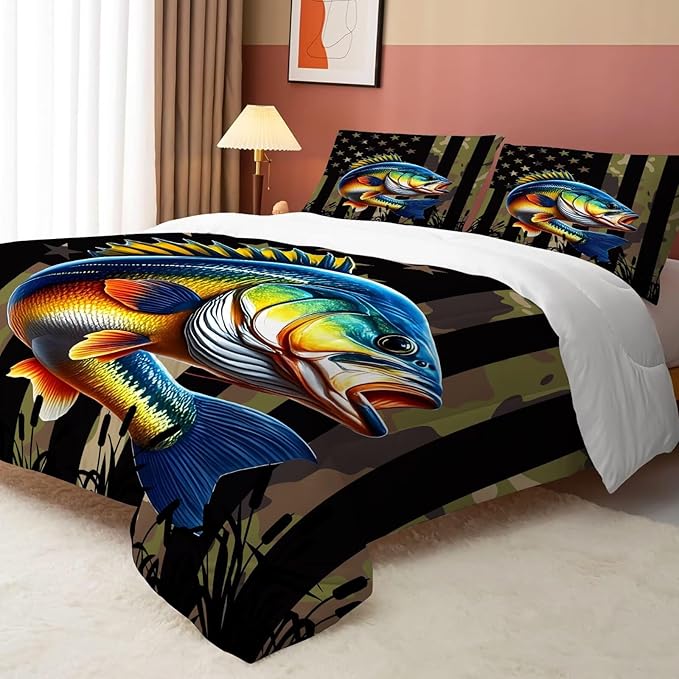 Bass Fish Comforter Set Twin Size Camouflage Fisherman Bedding Set for Men Boys Teens Green Fishing Lover Bedroom Farmhouse Bed Set Wild Quilted,1 Comforter 1 Pillowcase