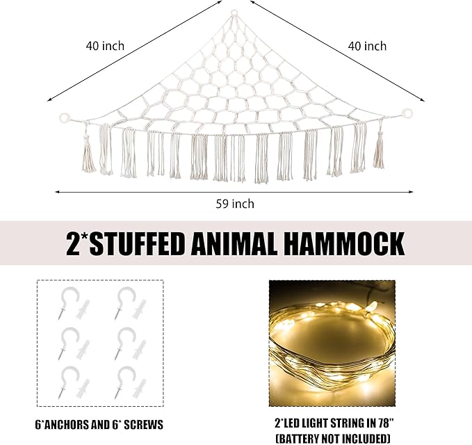 Stuffed Animal Hammock with LED Light, Large Stuffed Animals Storage Corner Plushie Net for Kids Room Decor, 2 Packs White