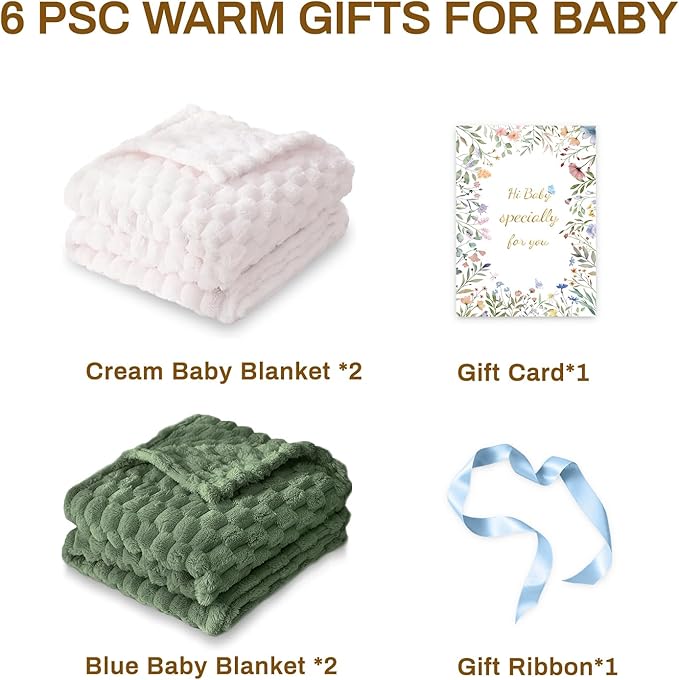 HOMRITAR Baby Blanket 4 Pcs, Ultra Soft 3D Flannel Fleece Fluffy Blankets for Nursery, Warmer Plush Bed Blanket Set, Christmas Baby Gift Idea for Boys & Girls, 30x40 Inches (2 Olive Green + 2 Cream)