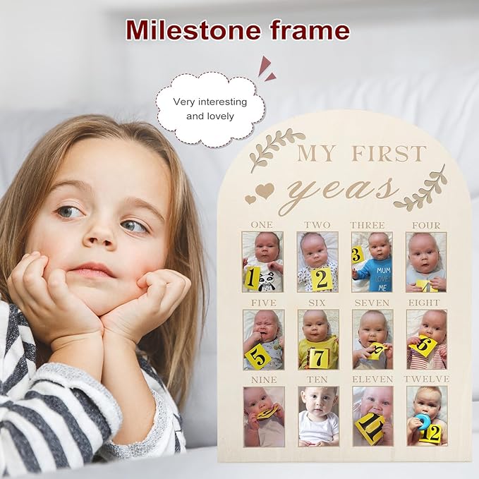 First Year Picture Frame Wooden Milestone Photo Board for Nursery Decoration Space-Saving Growth Tracker with Multiple Photo Slots Sturdy Wood Material for Newborn Memories