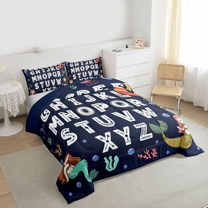 Feelyou Alphabet Kids ABC Learning Bedding Set Soft for Boys Girls, Cute Mermaid Comforter Set Full Size Educational Nursery Art Duvet Quilt Microfiber Sealife Bedroom Decor 3 Pcs with 2 Pillow Cases