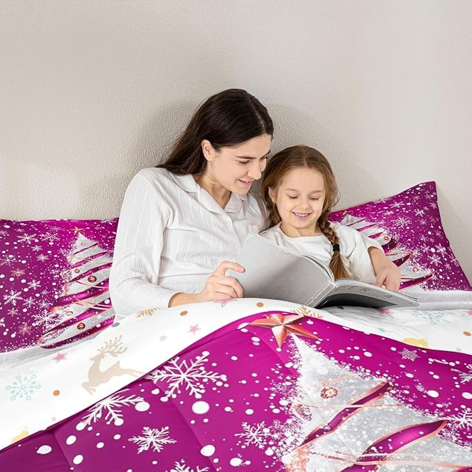 Feelyou Merry Christmas Bedding Set Soft for Boys Girls, Christmas Tree Comforter Set Twin Size Snowflake Duvet Quilt Microfiber Winter Bedroom Decor 2 Pcs with 1 Pillow Cases