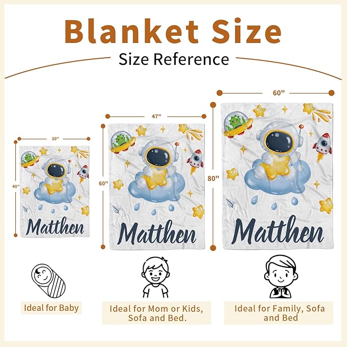 Personalized Baby Blanket with Name, Custom Space Astronaut Theme Blanket for Kids, Soft Flannel Bed Throw Blanket Swaddle for Newborn, Customizable Baby Gift & Nursery Blanket(47" x60)