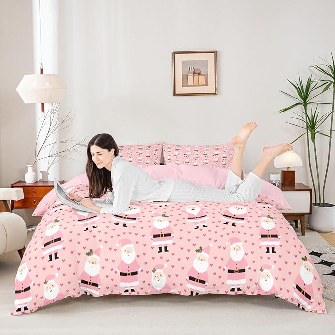 Christmas Bedding Set for Kids Boys Girls Cute Santa Claus Comforter Cover Set Cartoon Xmas Theme Duvet Cover Bedroom Decor Pink Dreamy Heart Bedspread Cover Queen Size Bedding Collection 3Pcs