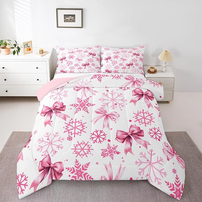 Cute Bow Tie Comforter Set King Size,Girly Bowknot Snowflake Dots Kids Bedding Set,Merry Christmas Winter Princess Quilt Comforter,Pink White Duvet Insert,2 Pillowcases