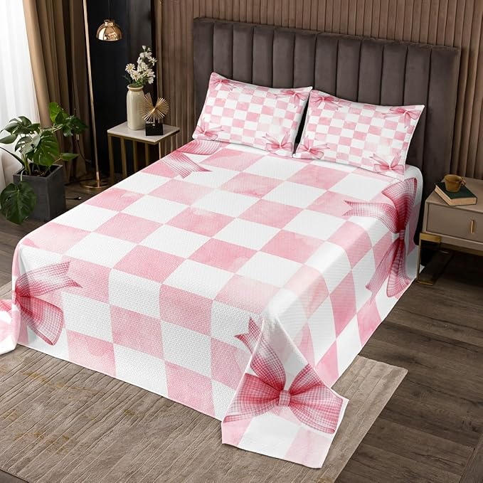 Pink Bowknot Kids Bedspread Twin Size,Geometric Grid Checkered Patchwork Fashion Coverlet Set,Girls Women Room Decor,Bow Tie Knot Princess Quilted Coverlet,Chic Unique Bedding Quilt,1 Pillowcase