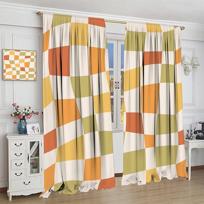 Orange Checkered Curtains,70s Vintage Twisted Checkered Window Drapes Colorful Groovy Trendy Wavy Hippie Grid Print Window Treatments for Kids Girls Bedroom Living Room Bathroom 84"W X 84"L