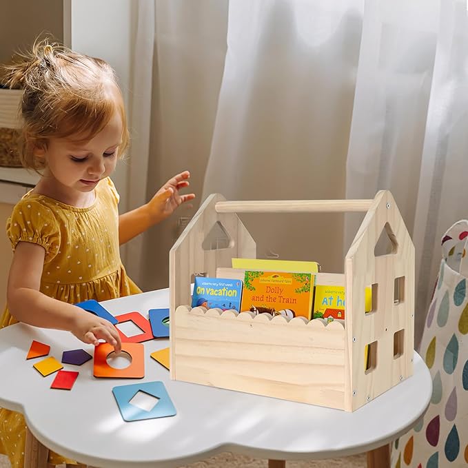 Double-Sided Montessori Scalloped Bookshelf for 1-5 Years, Nursery Cute Storage for Books, House Shape Wooden Nursery Small Bookshelf, Room Furniture, Baby Bookcase 12 * 11.6 * 7.9"