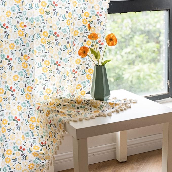 ENJOYBRIDAL Floral Curtains 84 Inch Length 2 Panels Tassel Boho Semi-Sheer Drapes Bedroom Living Room Farmhouse Rustic Country Yellow Green Flower Rod Pocket Cotton Linen Blend Window Curtain Panel