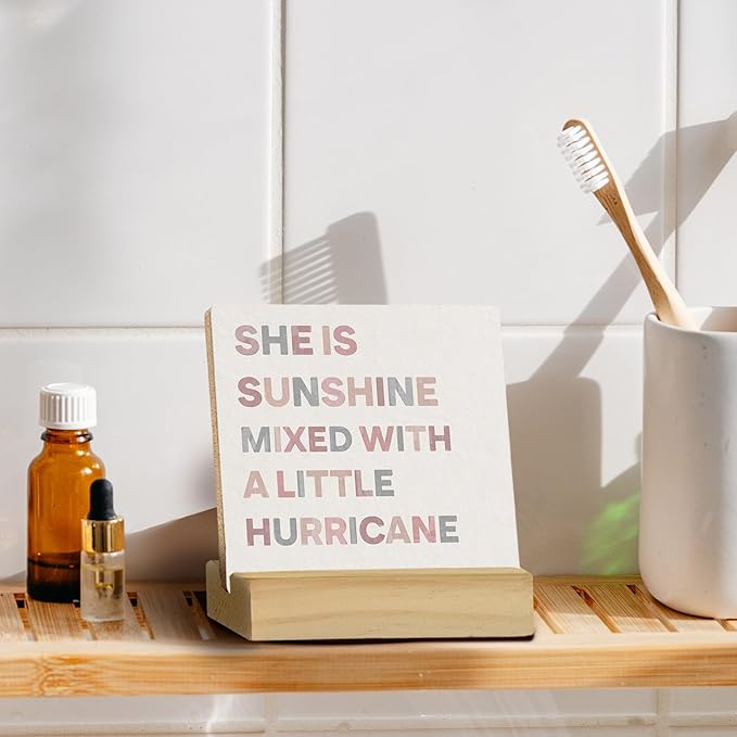 QASHWEY Boho Nursery Baby Girl Room Decor, Boho Desk Shelf Decor Wood Table Signs, She is Sunshine Mixed with a Little Hurricane Wooden Plaque with Wooden Stand for Home Nursery