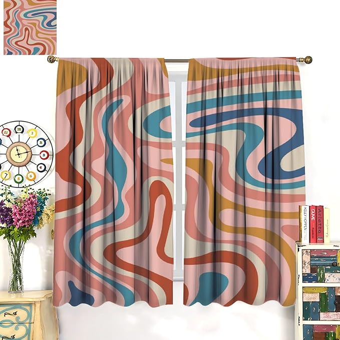 70S Abstract Wavy Swirl Curtain for Bedroom Windows,Retro Boho Minimal Teen Girls Kids Living Room Restroom Window Treatments Drapes 63" W X 72" L