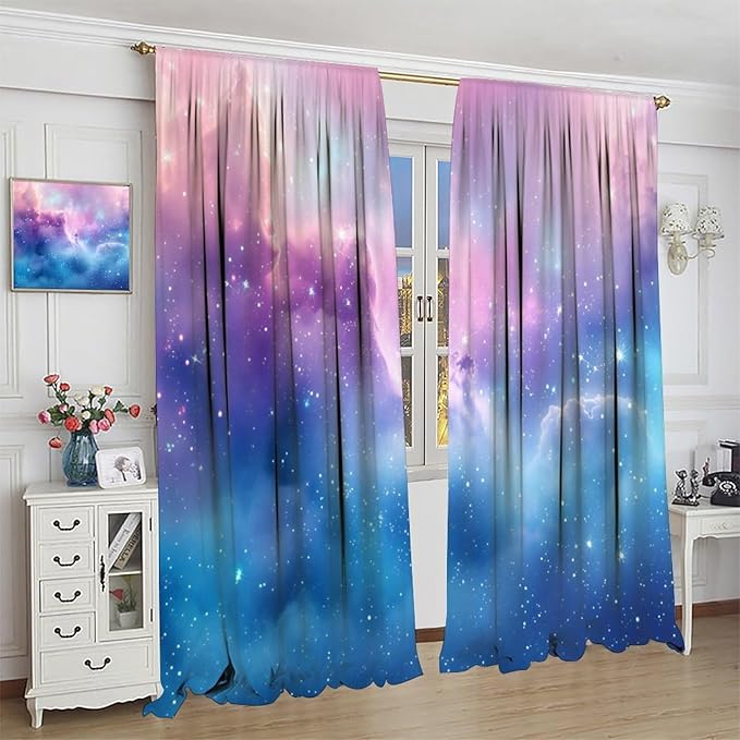 Starry Sky Galaxy Curtains, Outer Space Glitter Dreamy Gradient Romantic Blackout Window Curtains Drapes for Kids Girls Boys Adults Bedroom Nursery 52" W X 84" L