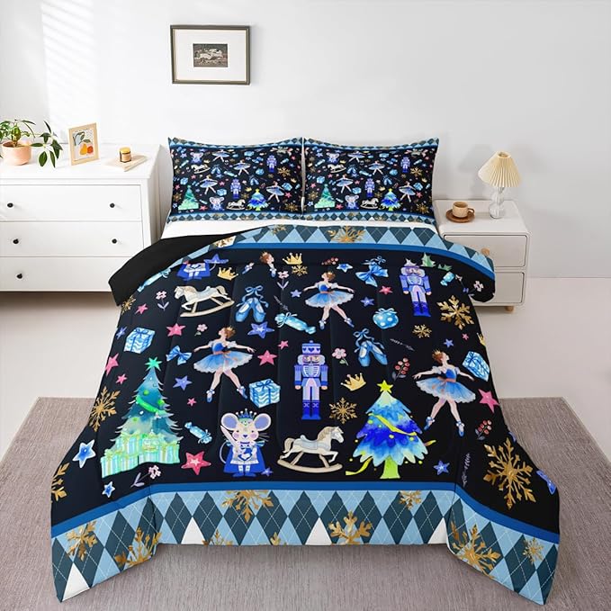 Feelyou Merry Christmas Kids Comforter Set Toddler Size Ballet Nutcracker Bedding Set Snowflake Duvet Quilt for Kids Boys Girls Bedroom Decor Microfiber Ultra Soft Breathable