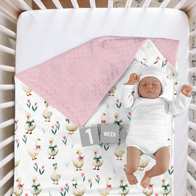 HawSkgFub Goose Pink Bow Ribbon Mink Baby Blankets with Dotted Backing Girls Shower Gift, Farm Animal Tulip Flower Double Layer Nursery Swaddle, Soft Newborn Infant Toddler Bed Crib Bedding 30 x 40